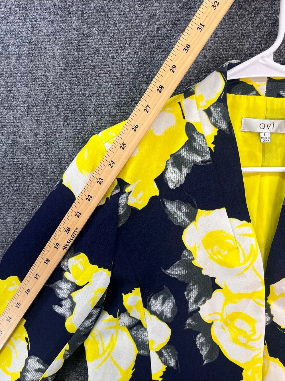 Ovi Open-Front Cropped Blazer Sz Large Navy Blue/Yellow Floral Print Career Work